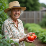 Femme âgée tenant un tomate mûre dans son jardin