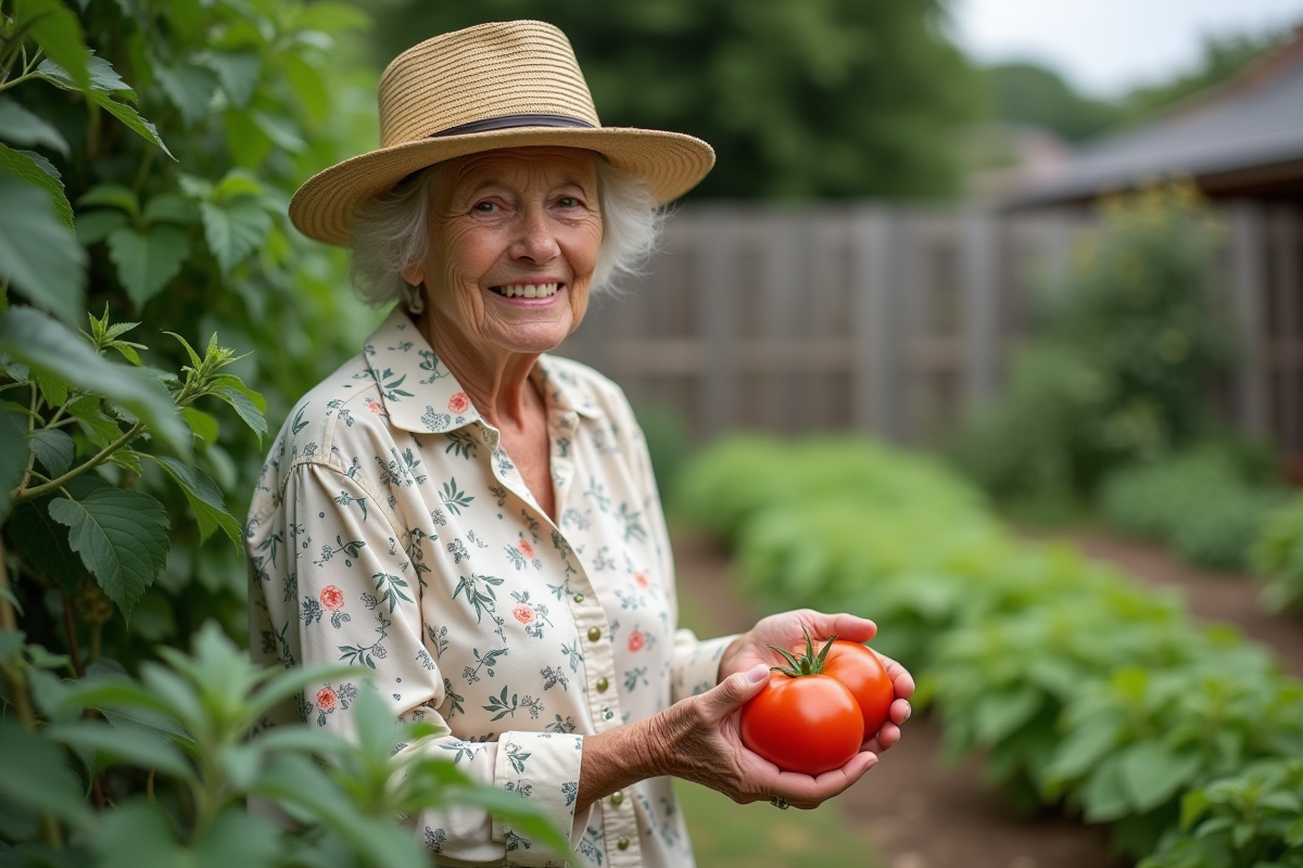 Femme âgée tenant un tomate mûre dans son jardin