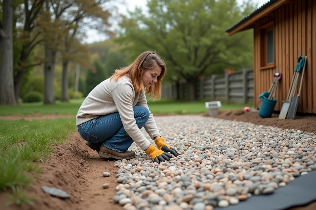 Jeune femme arrangeant des cailloux dans un jardin rural