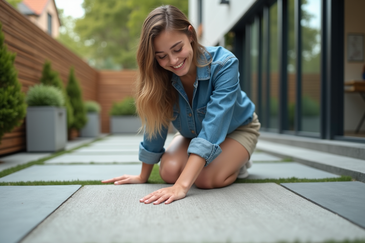 Jeune femme ajustant les fibres synthétiques dans la cour