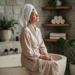 Femme en robe beige dans un bain moderne et naturel