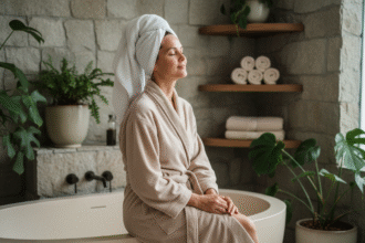 Femme en robe beige dans un bain moderne et naturel