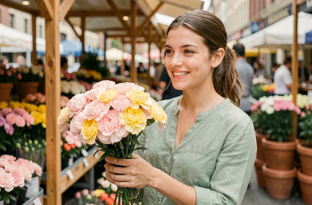 Jeune femme tenant un bouquet d'œillets roses et jaunes dans un marché aux fleurs, illustrant le langage des fleurs et les occasions d'amour et d'amitié