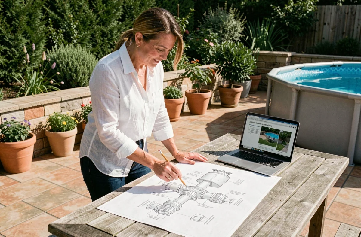 Femme consultant un schéma technique de pompe piscine Intex sur une terrasse extérieure