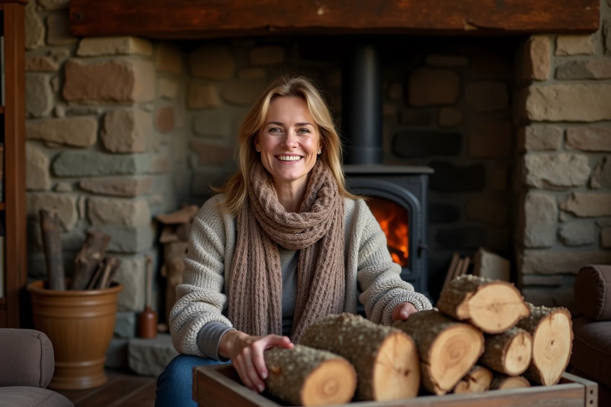 Femme souriante choisissant un bois près de la cheminée