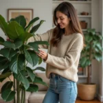 Femme inspectant un grand Ficus dans un salon moderne