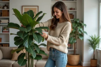 Femme inspectant un grand Ficus dans un salon moderne