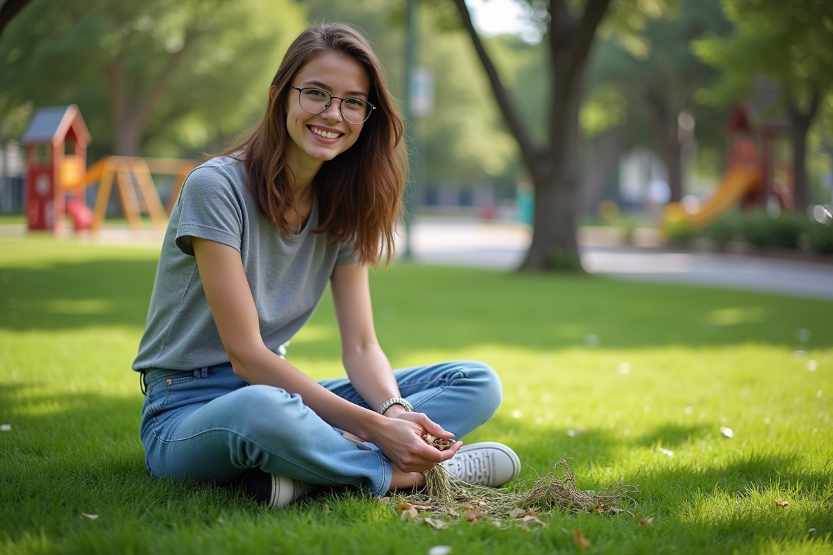 Jeune femme assise sur la pelouse tenant des brins d