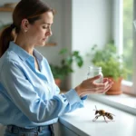 Femme d'âge moyen approchant une frelons asiatique dans la cuisine
