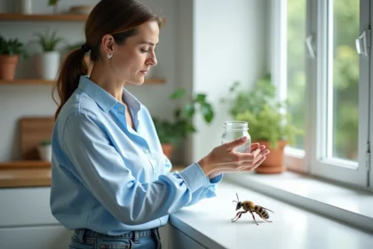 Femme d'âge moyen approchant une frelons asiatique dans la cuisine