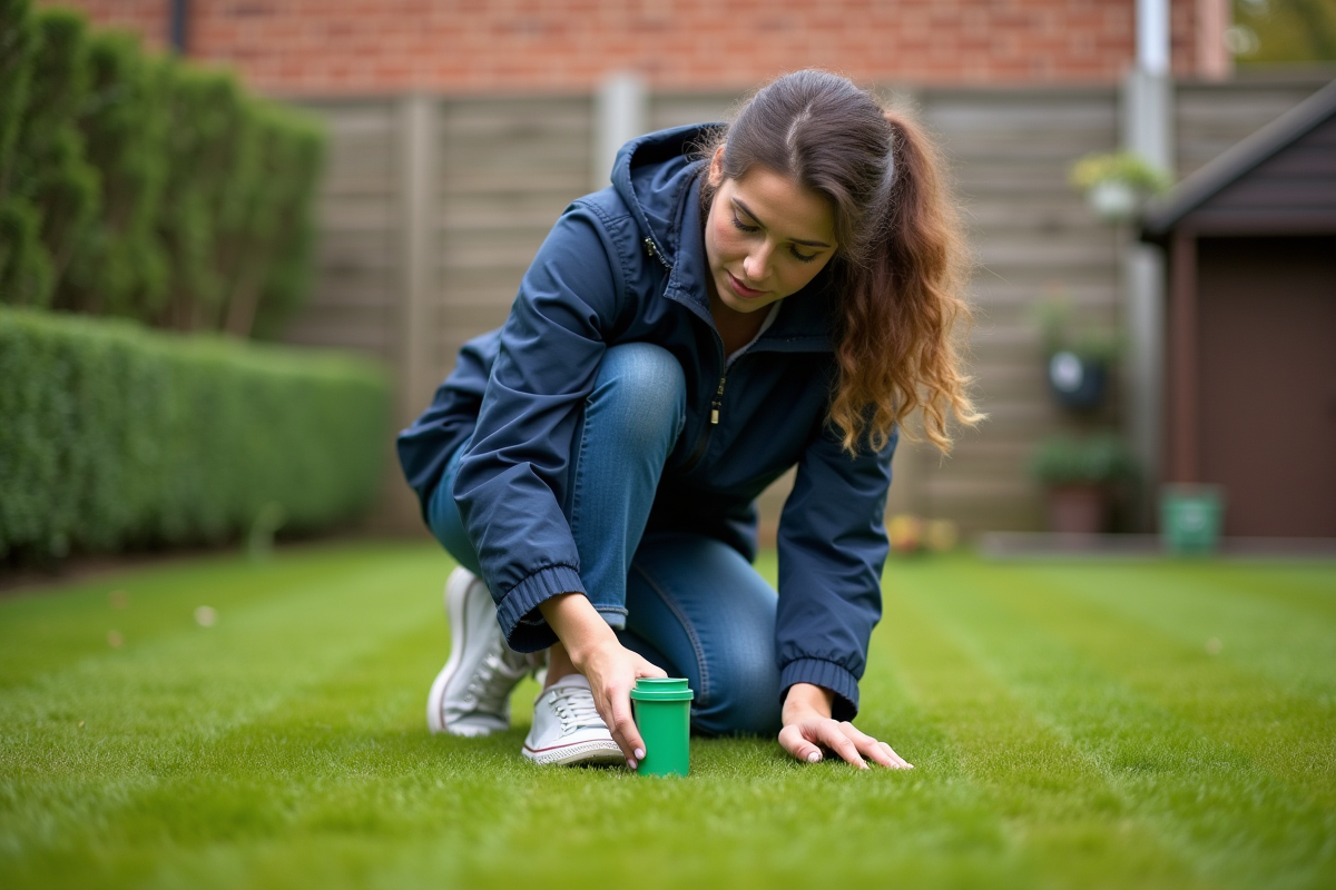 Femme examinant la mousse sur la pelouse dans un jardin privé