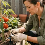 Femme ajustant un système d'irrigation goutte-à-goutte dans un potager surélevé avec capteur d'humidité du sol