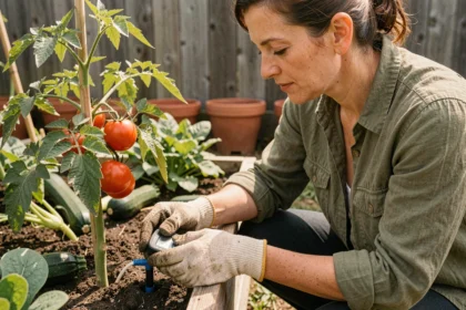 Femme ajustant un système d'irrigation goutte-à-goutte dans un potager surélevé avec capteur d'humidité du sol