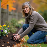 Femme en pull et jeans plantant une pansy dans le jardin automnal