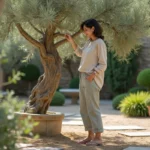 Femme en tenue casual entre un olivier dans un jardin méditerranéen