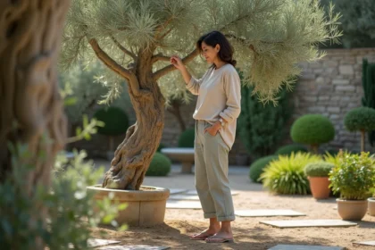 Femme en tenue casual entre un olivier dans un jardin méditerranéen
