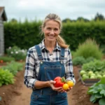 Femme souriante inspectant des légumes dans un jardin bio