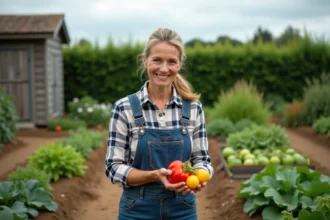 Femme souriante inspectant des légumes dans un jardin bio