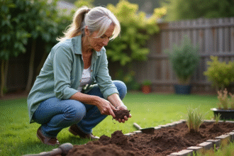 Femme en extérieur manipulant la terre dans le jardin