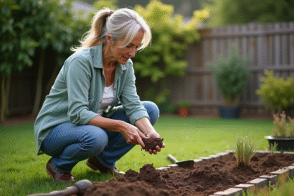 Femme en extérieur manipulant la terre dans le jardin