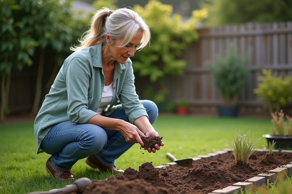 Femme en extérieur manipulant la terre dans le jardin