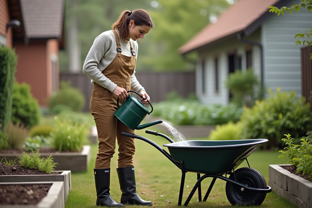 Femme en bottes et pull mélangeant engrais dans un jardin
