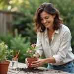 Femme en jardinage de bougainvillea dans un jardin cosy