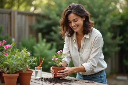 Femme en jardinage de bougainvillea dans un jardin cosy