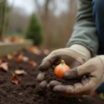 Femme de jardin tenant un bulbe de tulipe oublié dans sa main gantée, déterrant des bulbes dans la terre automnale