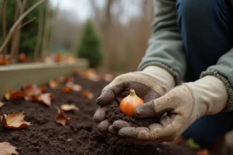 Femme de jardin tenant un bulbe de tulipe oublié dans sa main gantée, déterrant des bulbes dans la terre automnale