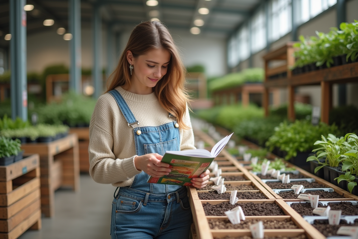 Jeune femme inspectant des sachets de graines dans un centre de jardinage