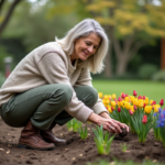 Femme plantant des bulbes de fleurs dans son jardin