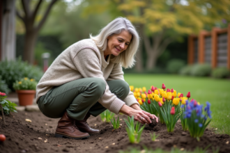 Femme plantant des bulbes de fleurs dans son jardin