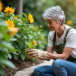 Femme inspectant une feuille d'oleander jaunie dans le jardin