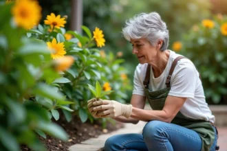 Femme inspectant une feuille d'oleander jaunie dans le jardin
