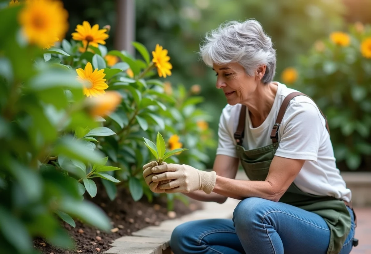 Femme inspectant une feuille d'oleander jaunie dans le jardin