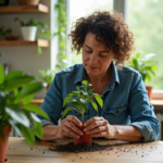 Femme avec ciseaux coupe une plante d'intérieur