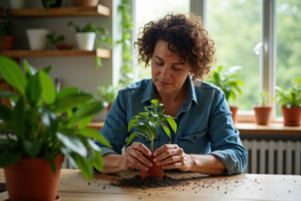 Femme avec ciseaux coupe une plante d'intérieur