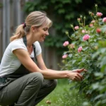 Femme en jardinage près d un rosier ensoleillé