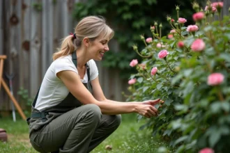 Femme en jardinage près d un rosier ensoleillé