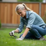 Femme d'âge moyen taillant la pelouse dans son jardin