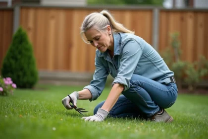 Femme d'âge moyen taillant la pelouse dans son jardin