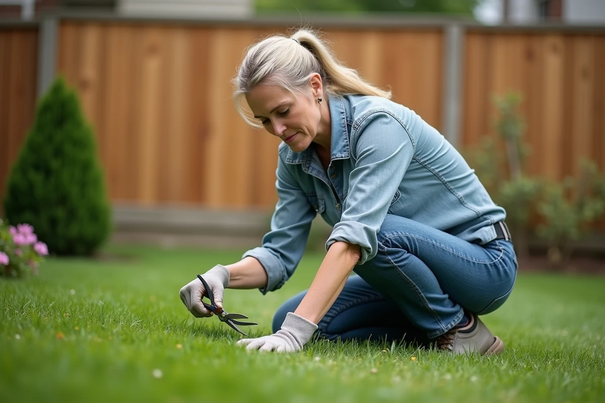 Femme d'âge moyen taillant la pelouse dans son jardin