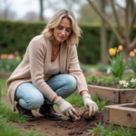 Femme d'âge moyen plantant une tulipe dans un jardin printanier