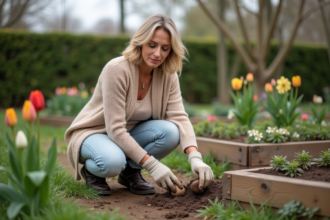 Femme d'âge moyen plantant une tulipe dans un jardin printanier