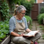 Femme jardinière lisant un livre sur la permaculture dans un petit jardin urbain avec des carrés potagers surélevés