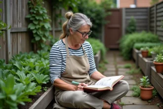 Femme jardinière lisant un livre sur la permaculture dans un petit jardin urbain avec des carrés potagers surélevés