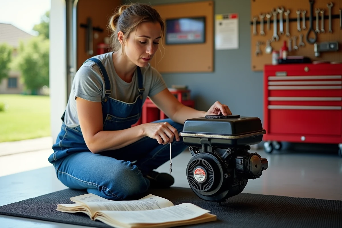 Femme consultant un manuel technique lors du montage du ressort régulateur sur un ancien moteur Briggs et Stratton dans un garage