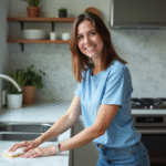 Femme appliquant mousse nettoyante sur plan de travail cuisine