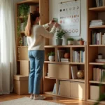 Femme organisant des livres dans un salon lumineux